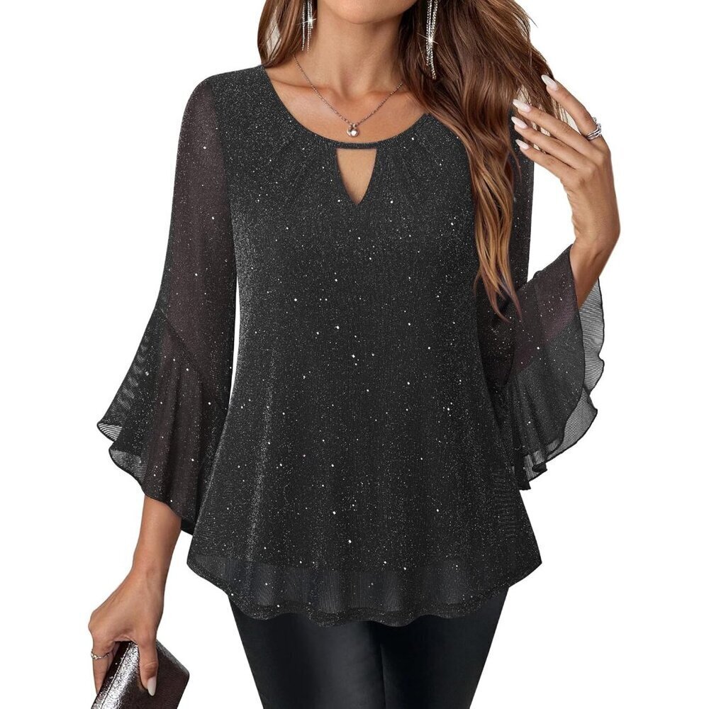 Women's Glitter Top Dressy Ruffle 3/4 Sleeve Blouse Evening Party Wear
